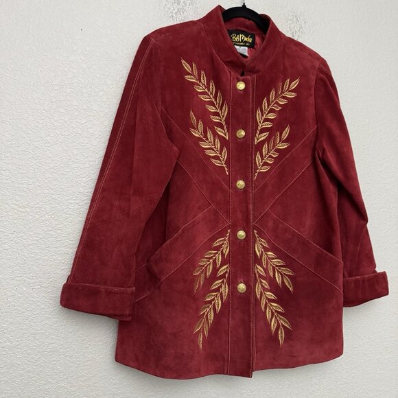 Bob Mackie Wearable Art Jacket Medium Red Suede Gold Embroidered Western Boho - Picture 8 of 16